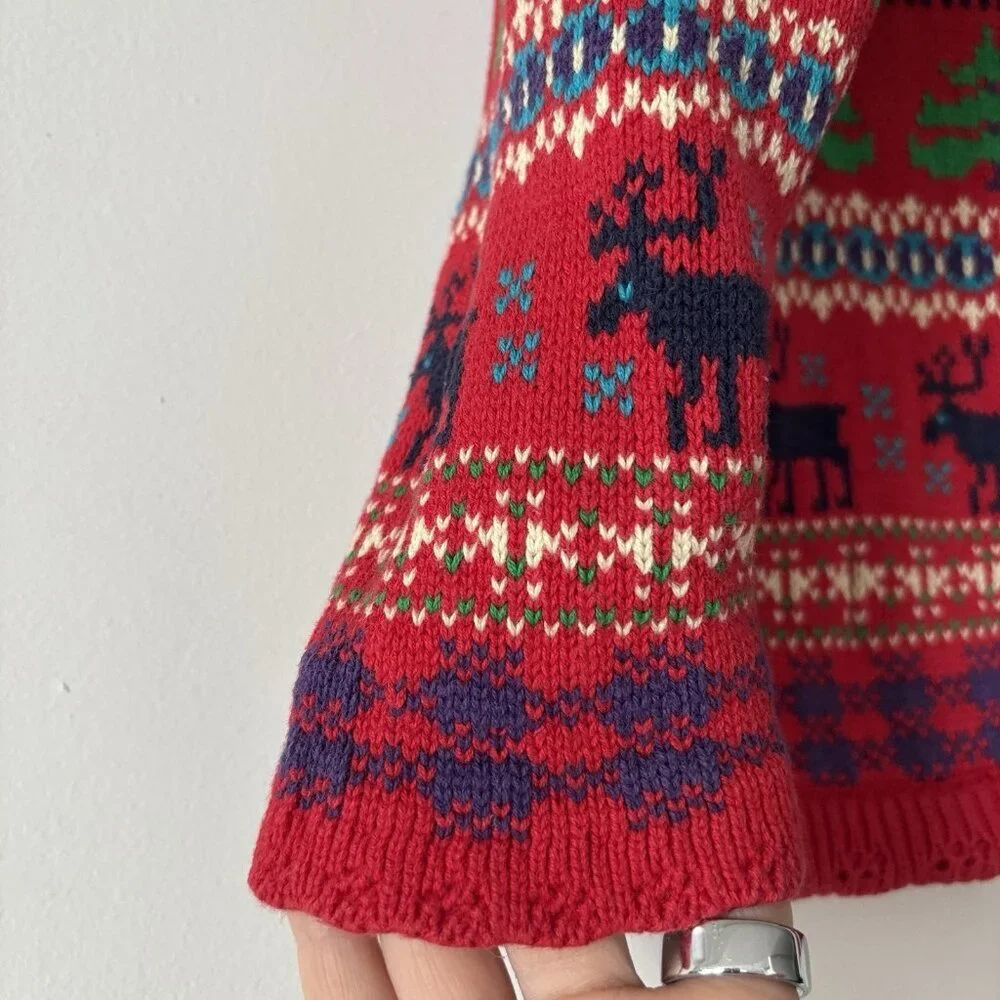 Vintage GAP Kids Fair Isle Cardigan Red Sweater XS Moose Tree Scandi 100% Cotton